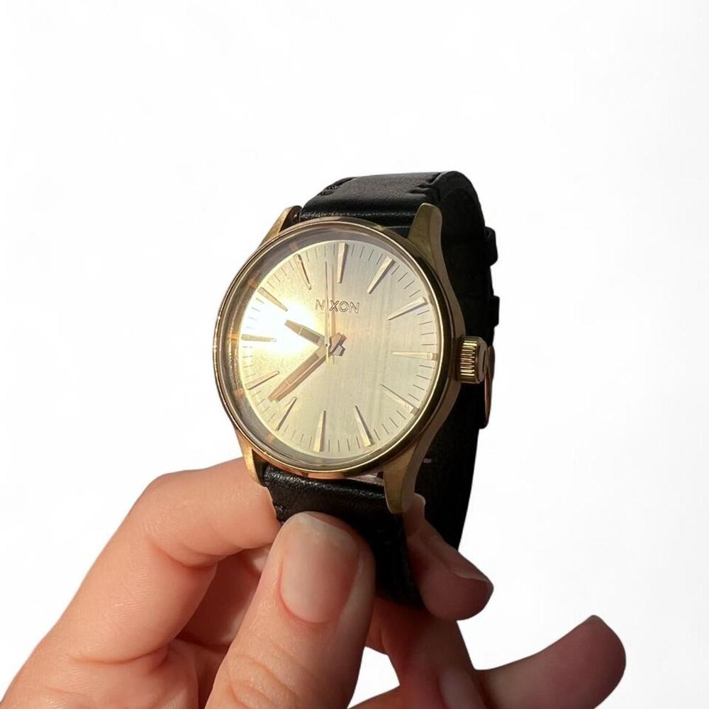 Nixon Sentry 38 Gold Tone Watch Men's Black Genuine Leather Band